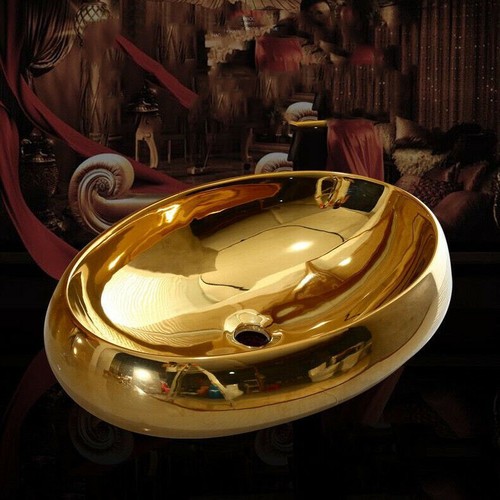 Juego combinado de lavabo de porcelana ovalada con lavabo de cerámica dorada para baño - Imagen 6 de 11