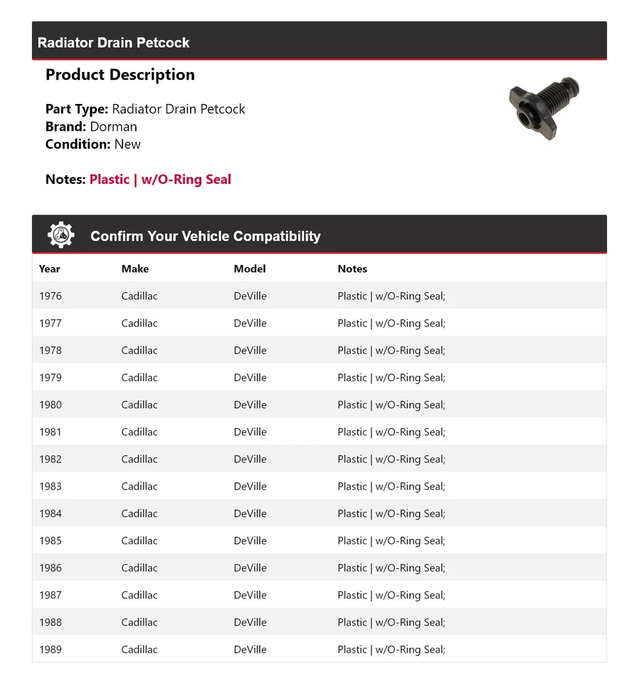 适用于 1976 - 1989 凯迪拉克 DeVille Dorman 散热器 Drain Petcock 1977 1978 1980 1980 — 第 2/4 张图片