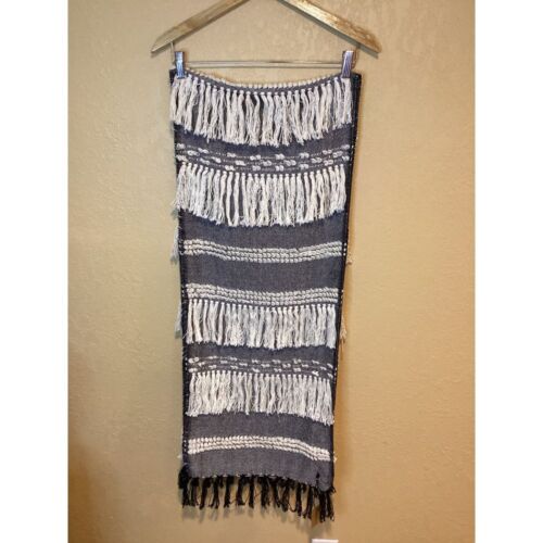 NWT Creative Co-Op Striped Linen/Cotton Table Runner w/ Fringe, Black and Ivory