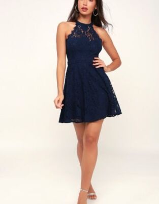 Lulus Davina Blue Lace Skater Dress Sleeveless Lined Women's Size Large |  eBay