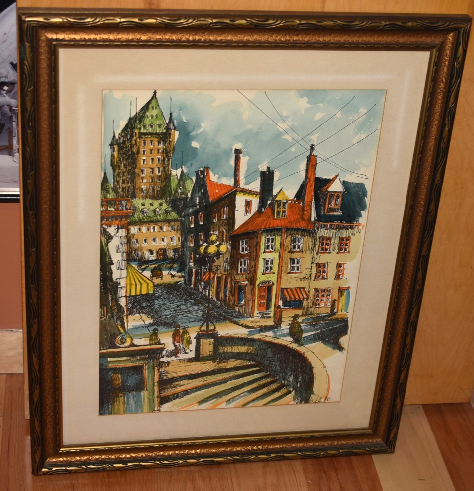 Vintage 1970’s Hand Colored Lithograph of Quebec Canada Cityscape Nikola