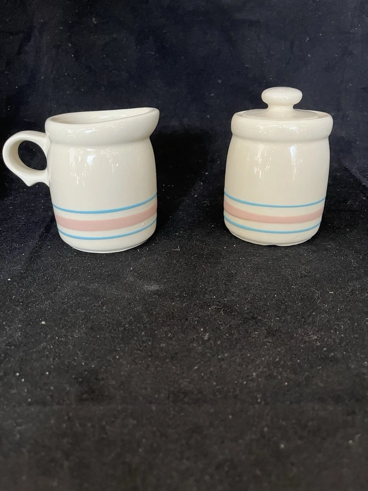McCoy #1414 USA Pottery Pink/Blue Stripe Creamer Pitcher And Lidded Sugar USA - Image 3 of 4