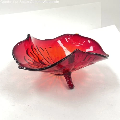 Vintage Fenton Ruby Red Amberina 3 Footed Bowl