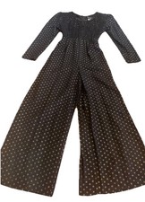Holiday Romper Tie Back JumpSuit VTG Smocked 80s Wide Leg Black Gold 4p Small