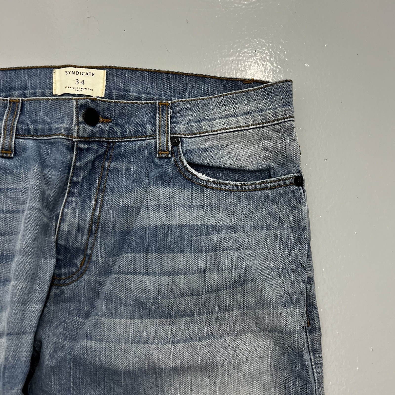 Syndicate Core Light Slim Tapered Leg Distressed Denim Pants Jeans Mens Size 34