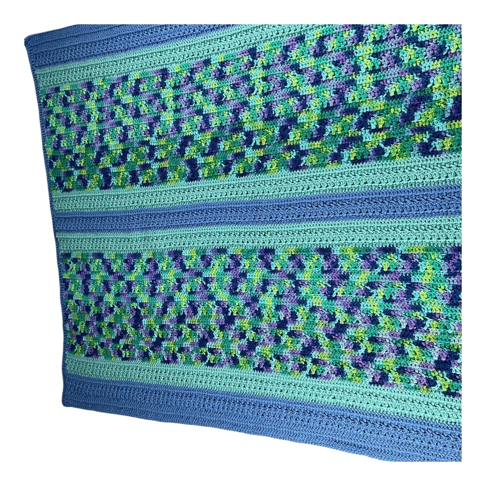 Handmade Crocheted 41" X 55" Blanket Throw Blue Green Purple Striped Cozy - Image 4 of 4