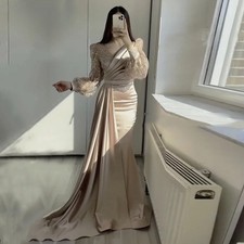 Evening Dress Beaded One Long Sleeve Satin Mermaid Side Slit Prom Party Gowns