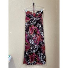 Vintage Y2K Paisley Halter Maxi Dress Brown Pink Satin Bratz Babydoll Boho Bling