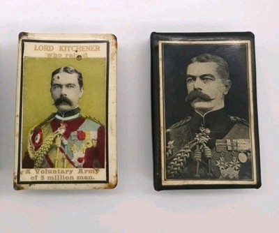 Antike Lord Kitchener WW1 British Made Zelluloid Streichholzschachtel Halter Souvenirs x 2