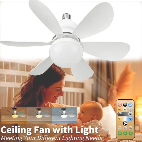 2-in-1 E27 Socket Fan Light with Remote Screw in Ceiling Fans LED Light Bulb Fan - Picture 2 of 12