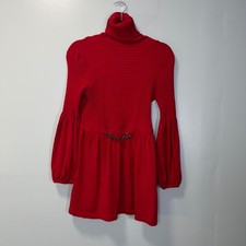 Jessica I. Womens Red Ribbed Turtleneck Sweater Dress Large Puff Sleeve Chain