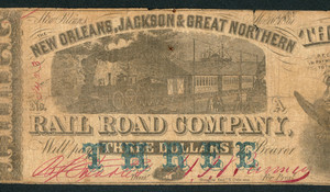 $3 1861 New Orleans Jackson & Great Northern Rail Road Company Obsolete note