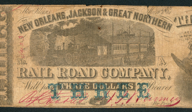 $3 1861 New Orleans Jackson & Great Northern Rail Road Company Obsolete note