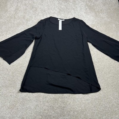 Three Eighty Two Blouse Womens XS Black Asymmetrical Hem Bell Sleeve Tunic
