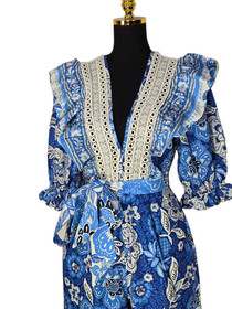 NWT $260 FARM Rio Full Of Flowers Ruffled Jumpsuit Blue Floral Linen Small