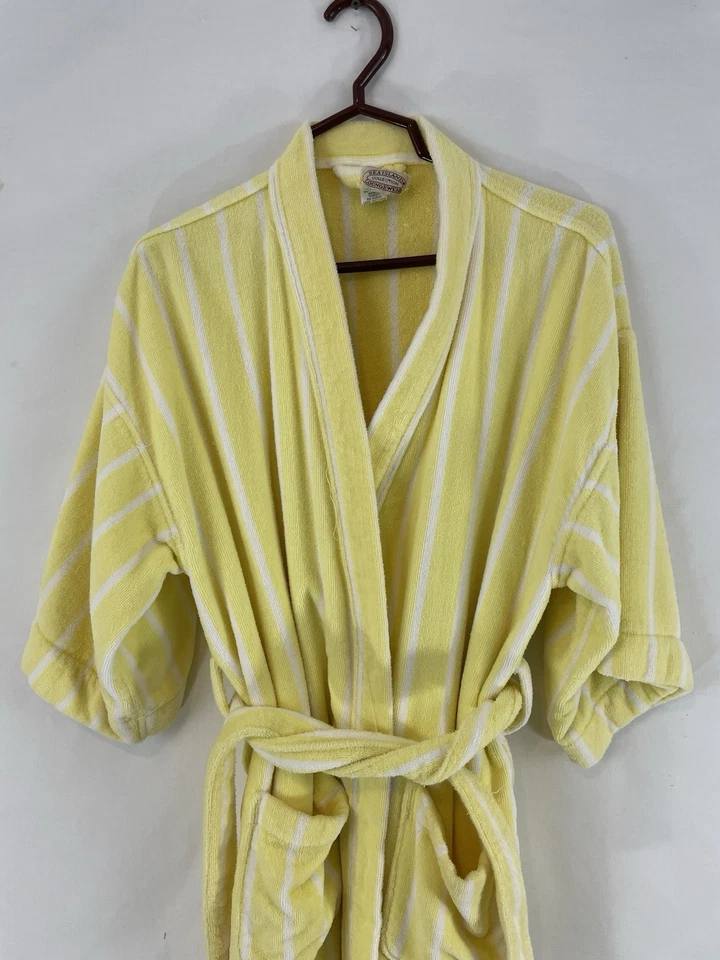 Bata de baño spa de algodón turco a rayas amarillas talla única Sea Island Loungewear Foto 2 de 4
