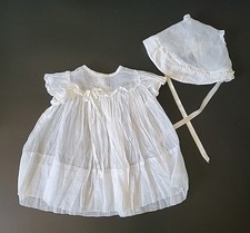 Vintage Christening Gown Dress and Bonnet Set Infant Cream Sheer Organdy Baptism