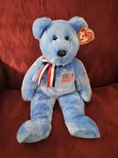 Beanie Buddy Bear "America" Pale Blue Red White Blue Ribbon American Flag