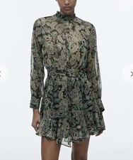 Zara Green High Neck Floral Multicoloured Dress With Frilled Hem Size S