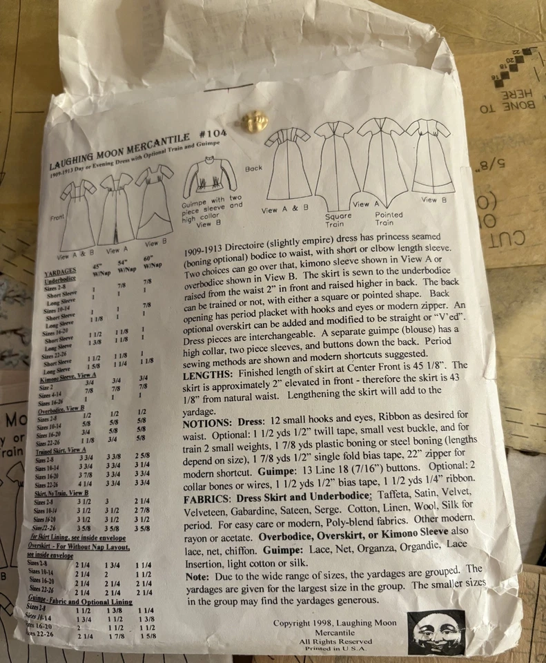 Laughing Moon Mercantile 1909-1913 Day & Evening Dress Used Cut  Pattern 2-26 - Image 2 of 4