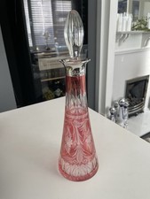 Antique Ruby Etched Cut Glass Tall Elegant Silver Collar Decanter 37 Cm