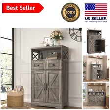 Elegant Farmhouse Storage Cabinet - 2 Doors, 2 Drawers, Open Shelf, Rustic Grey