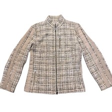 Bogner Womens Tweed Zip Up Moto Jacket Size 8 Beige Multi Casual Preppy Classic