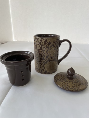 Pottery Barn Chinoise Mugs Coffee Or Tea Cup With Tea Diffuser Brown 6 - Picture 3 of 4
