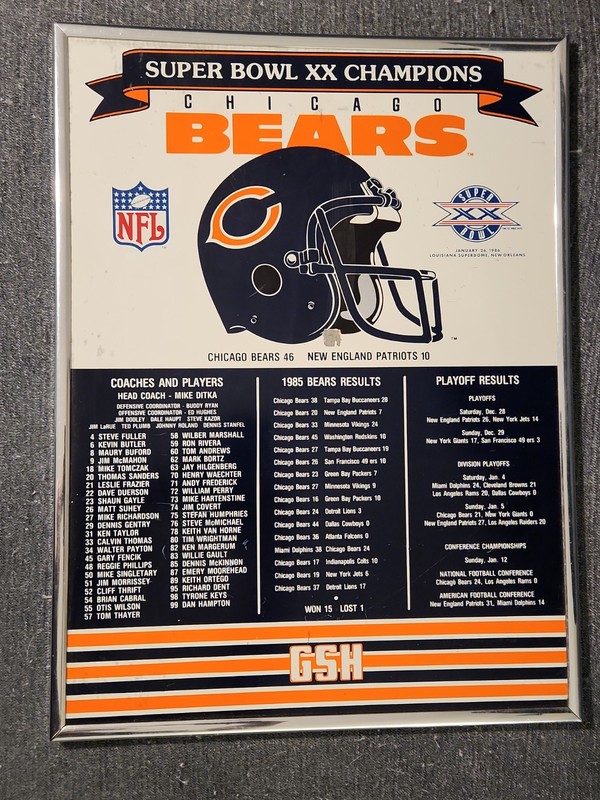 Chicago Bears 1985 Superbowl XX 20 Championship 19"x14" Hanging Sign NFL