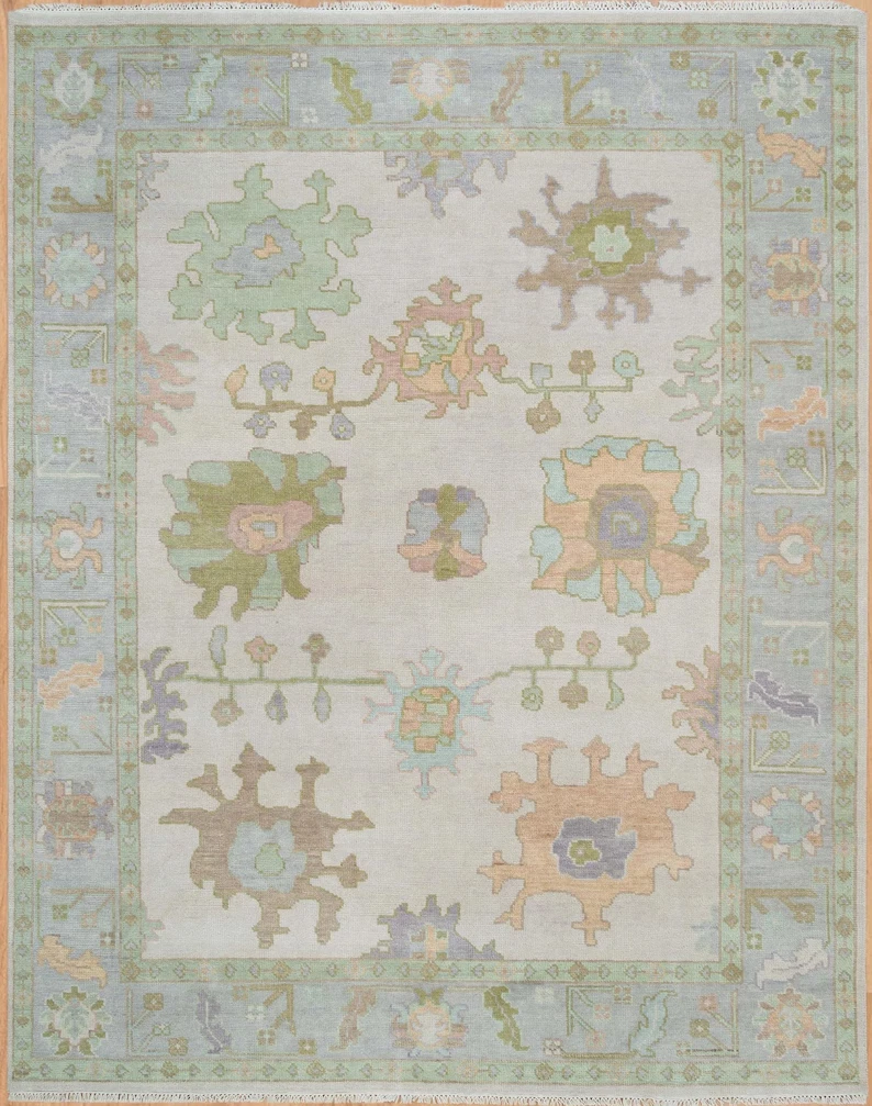 Hand Knotted Oushak Rug Vintage Turkish Wool Area Rug Custom Size Handmade