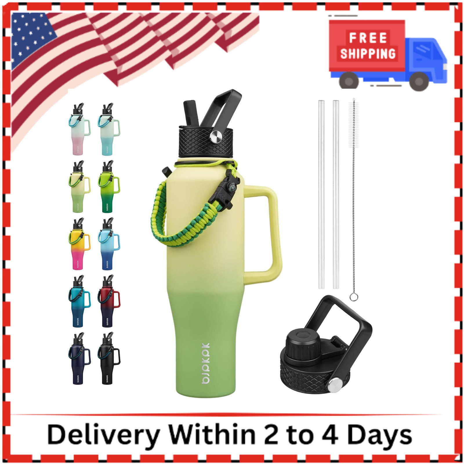 With Straw Lid, 40oz Metal Water Bottle With 2 Li