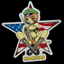 HOOK UPS STICKER VINTAGE "SEXY GIRL USA TROOPER"  4 X 4 1/8" GLOSSY 