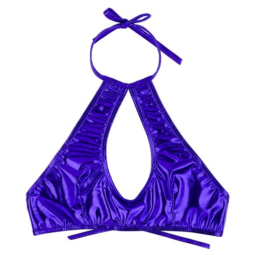 Damen glänzend metallisch Neckholder Schlüsselloch Crop Top rückenfrei Tanzkleidung Bustier BH - Bild 12 von 65