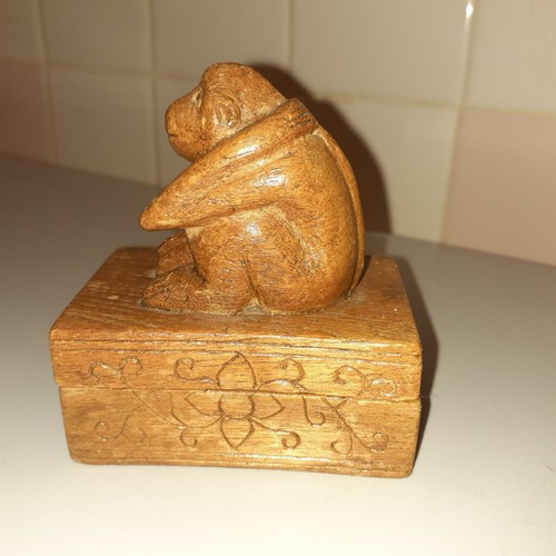 Unique Hand Carved Wood Monkey Trinket Box 3" x 2" and 3.5" tall
