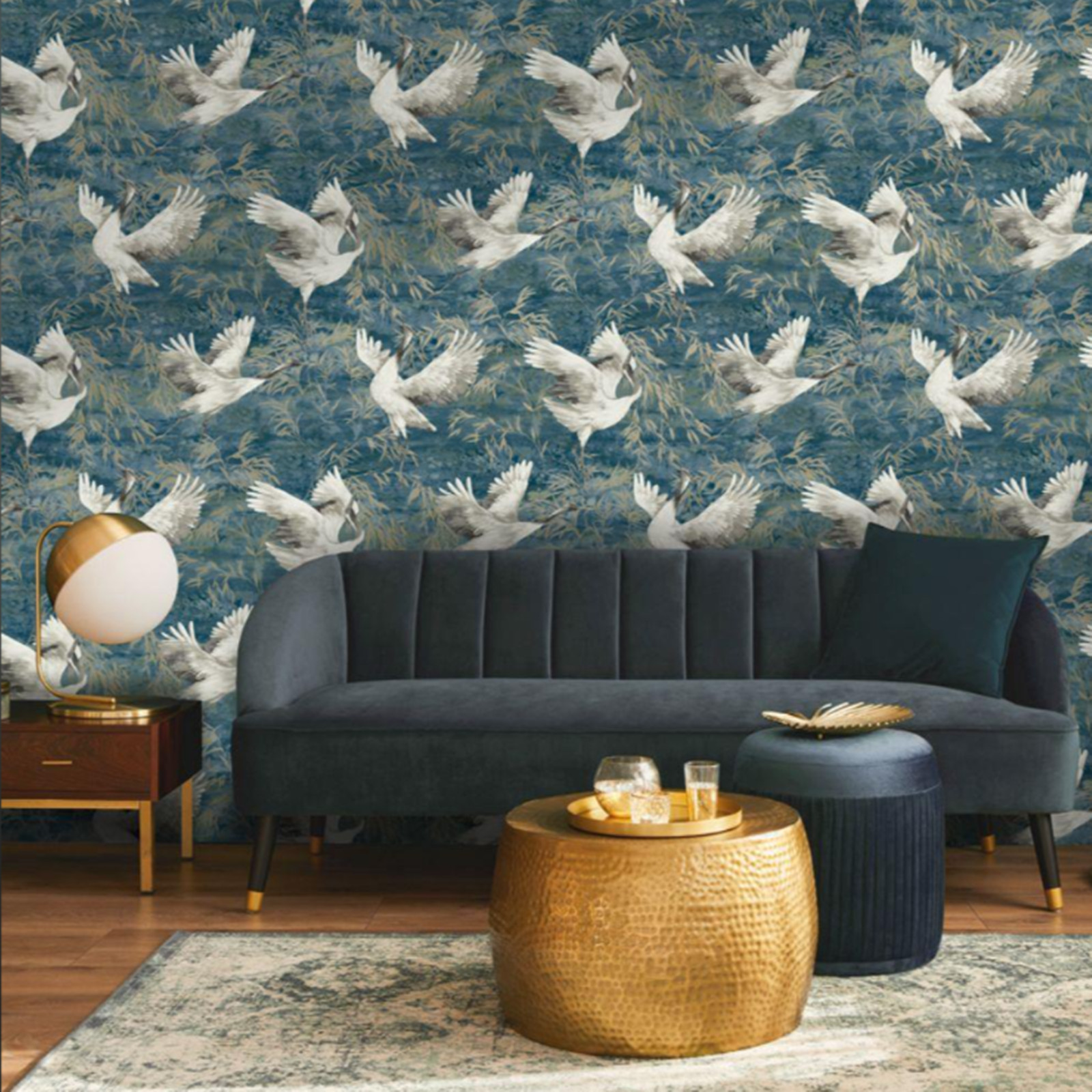 Teal Blue Cranes Wallpaper Textured Gold Metallic Shimmer Vinyl Heavy Weight
