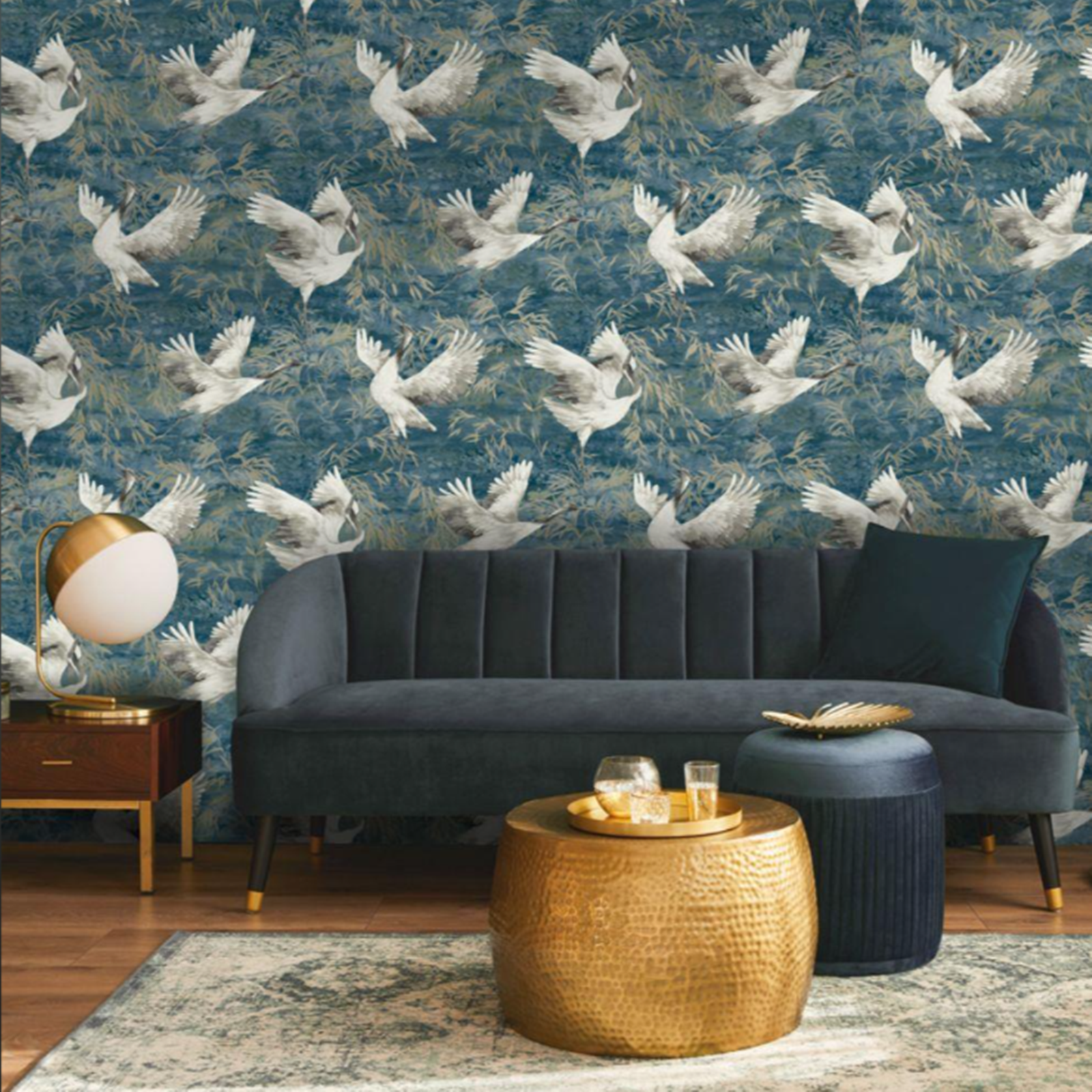 Teal Blue Cranes Wallpaper Textured Gold Metallic Shimmer Vinyl Heavy Weight