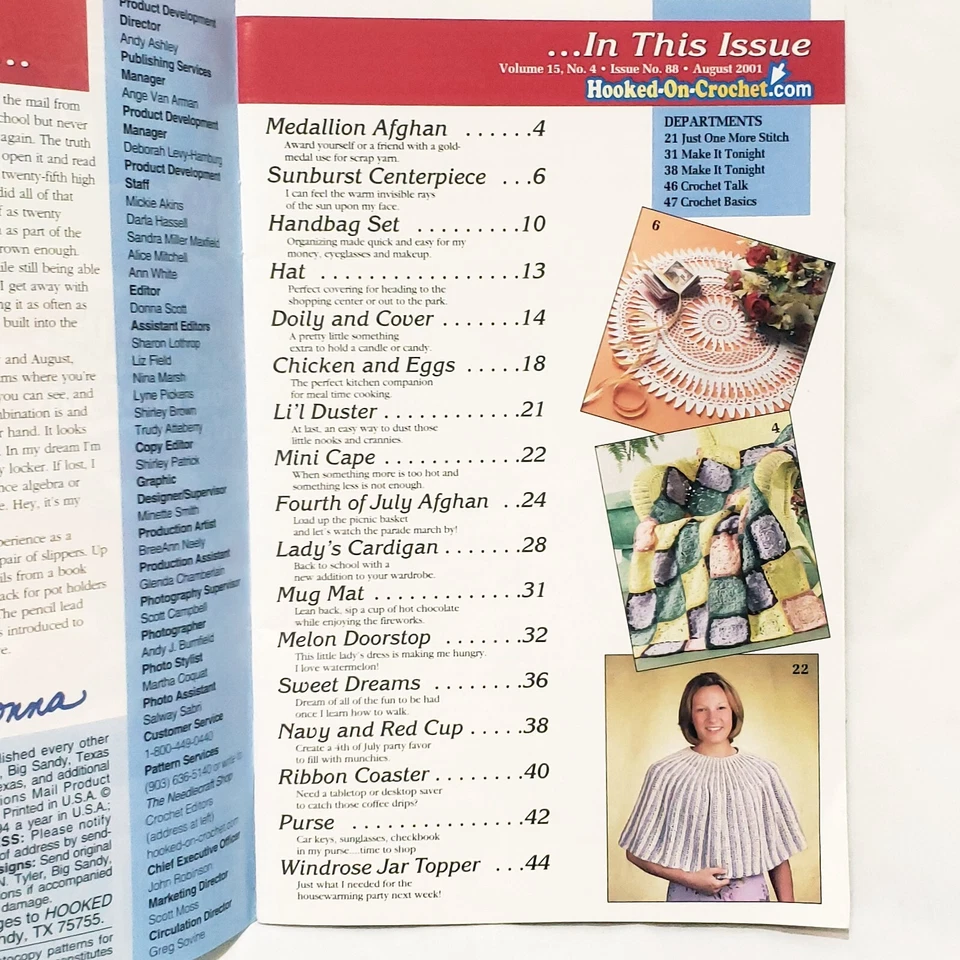 Hooked on Crochet Magazine Aug 2001 Picnic Fourth of July Afghan Cardigan Purse - Image 3 of 4