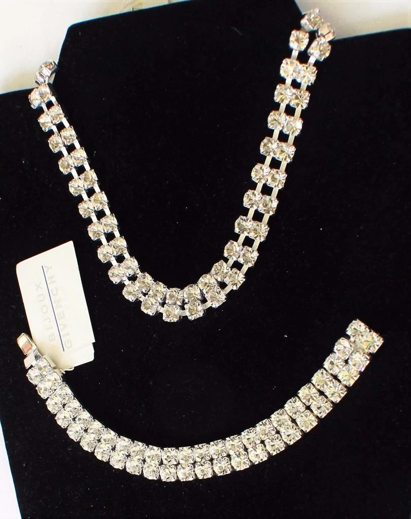 Collana Bracciale Set 2 Righe Nuova Etichetta Firmata GIVENCHY Silvertone Strass Trasparente