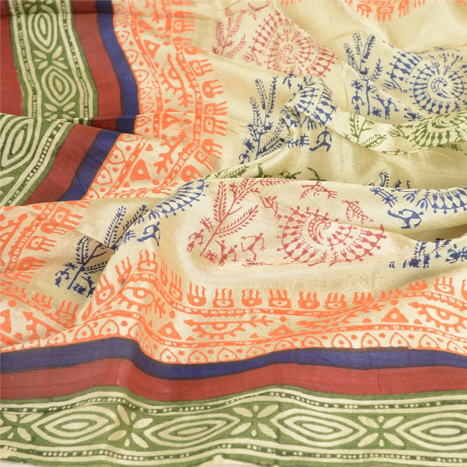 Bufandas envolventes estampadas Warli de seda marfil mezcla estola larga Dupatta de colección sánskriti Foto 4 de 4