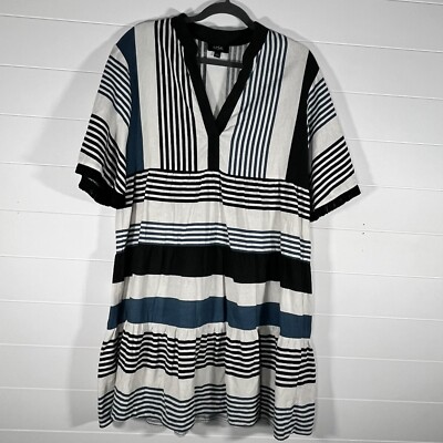MSK Women's Striped Tunic Flared Dress Sz L Linen Rayon Blend Bell Fringe  Sleeve | eBay