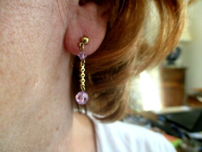 Boucles D'Oreilles Tombantes Vintage Or Et Perles Parme - Modèle 2879 - Occasion Parfait