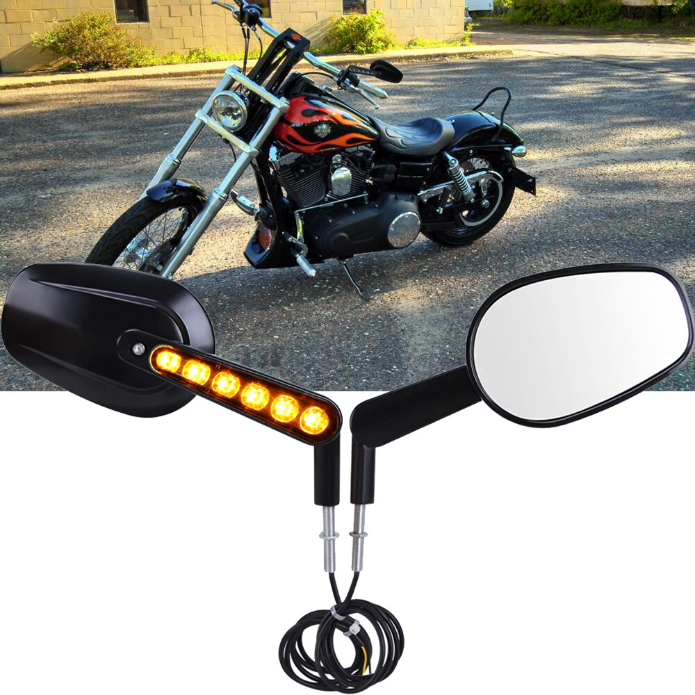 Motorcycle Muscle Rear View Mirrors w/ LED Turn Signals For Harley