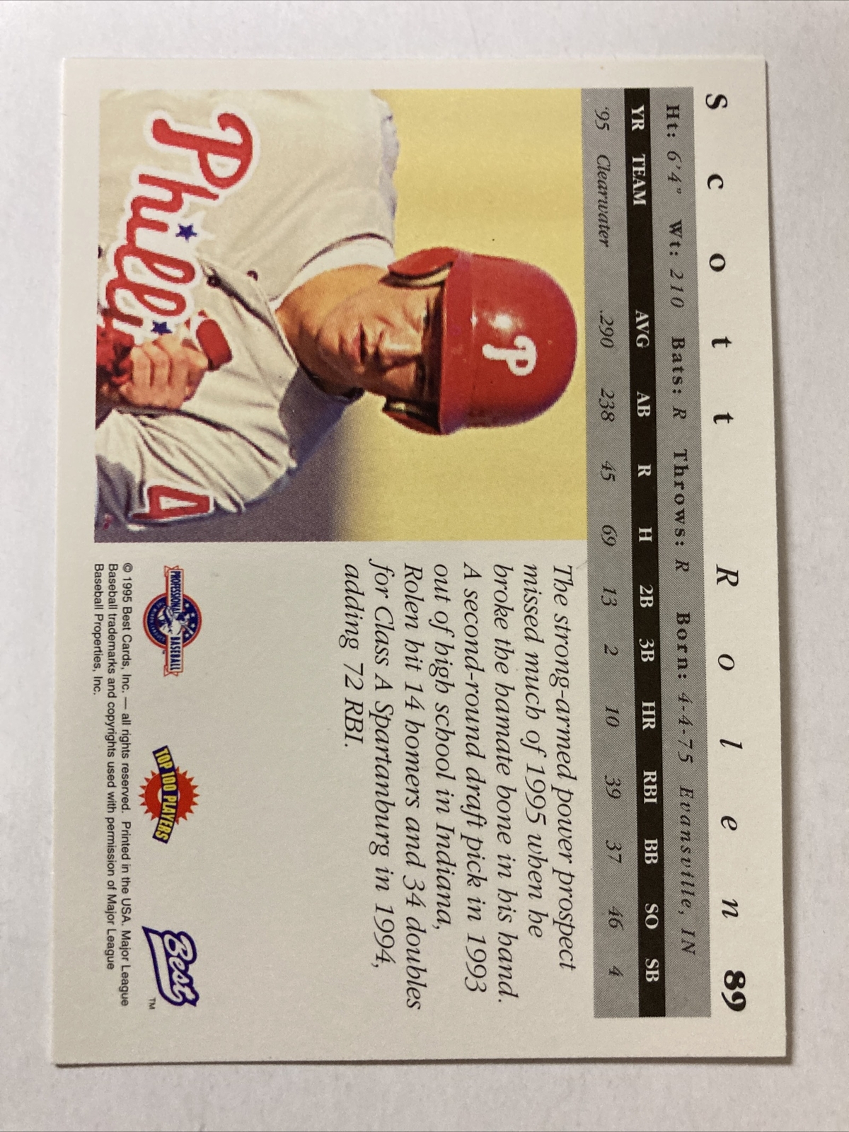 Scott Rolen Rookie Scott Rolen 1995 BEST Clearwater Phillies Rookie Card #89 (4727) | eBay