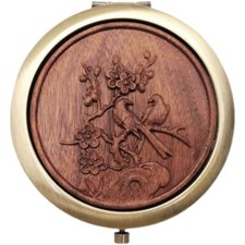1 X Lady Double-sided Folding Pocket Mirror Wood Carving Compact Make Up Mirror