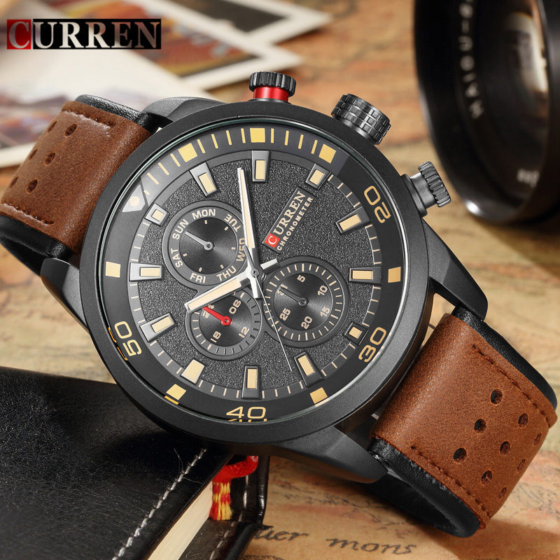 Montre militaire homme à quartz avec bracelet en cuir noir
