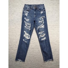 American Eagle Mom Jeans Distressed Stretch Denim Blue Women's Size 6 Long