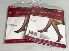 Juncture 2 pc Day Sheer Black Beige Reinforced Toe Pantyhose One Size S/M/L NEW
