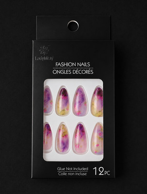 LadyMisty Long Almond 3D Press-On Nails Purple Pink Yellow Flowers 12pc