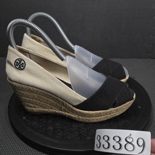 Tory Burch Shoes Womens Size 7 Black Beige Wedge Espadrille Peep Toe Canvas