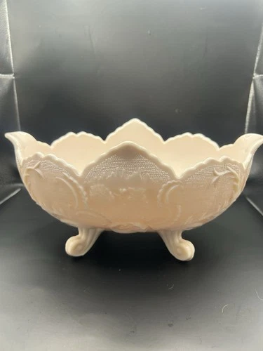 Vintage Mid Century Jeanette Pink Milk Glass Ornate Footed Oval Bowl 1950s